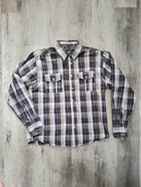 Burnside Men's (M) Cotton Brown/Gray Plaid Long Sleeve Casual Button Up Shirt